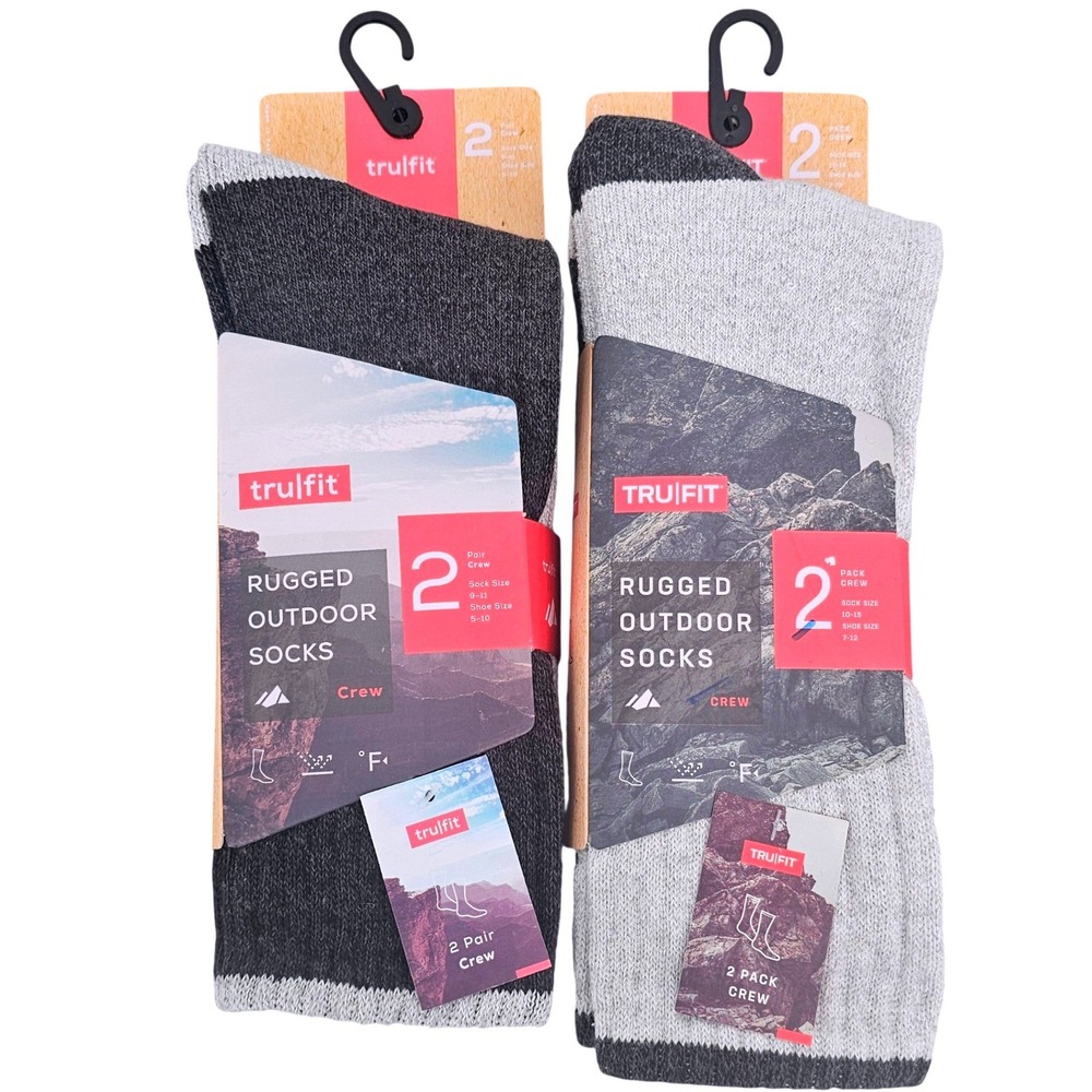 Trulfit Rugged Outdoor Crew Socks 4 Pairs Gray Black Hiking Moisture Wicking NEW